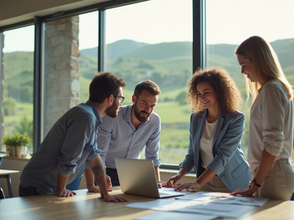 Equipa de PME em ambiente moderno numa região de baixa densidade, a desenvolver projeto inovador com apoio do SICE – Inovação Produtiva 2025.