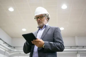 Engenheiro em fábrica com tablet e hologramas de inteligência artificial aplicados a processos produtivos.